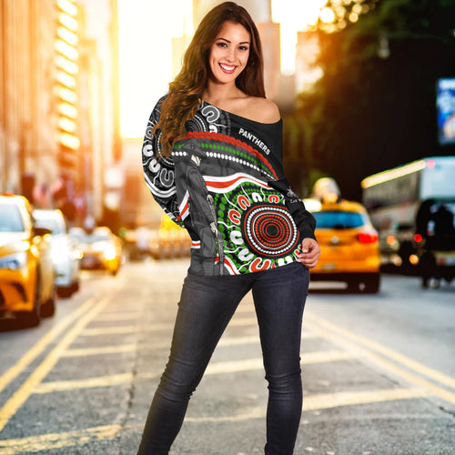 Panthers Anzac Day Women Off Shoulder Sweater Aboriginal Lest We Forget Ver.01 LT13