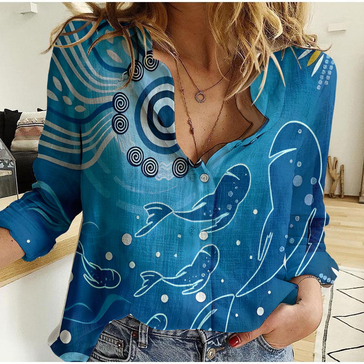 Australia Indigenous Women Casual Shirt Blue Sea RLT14