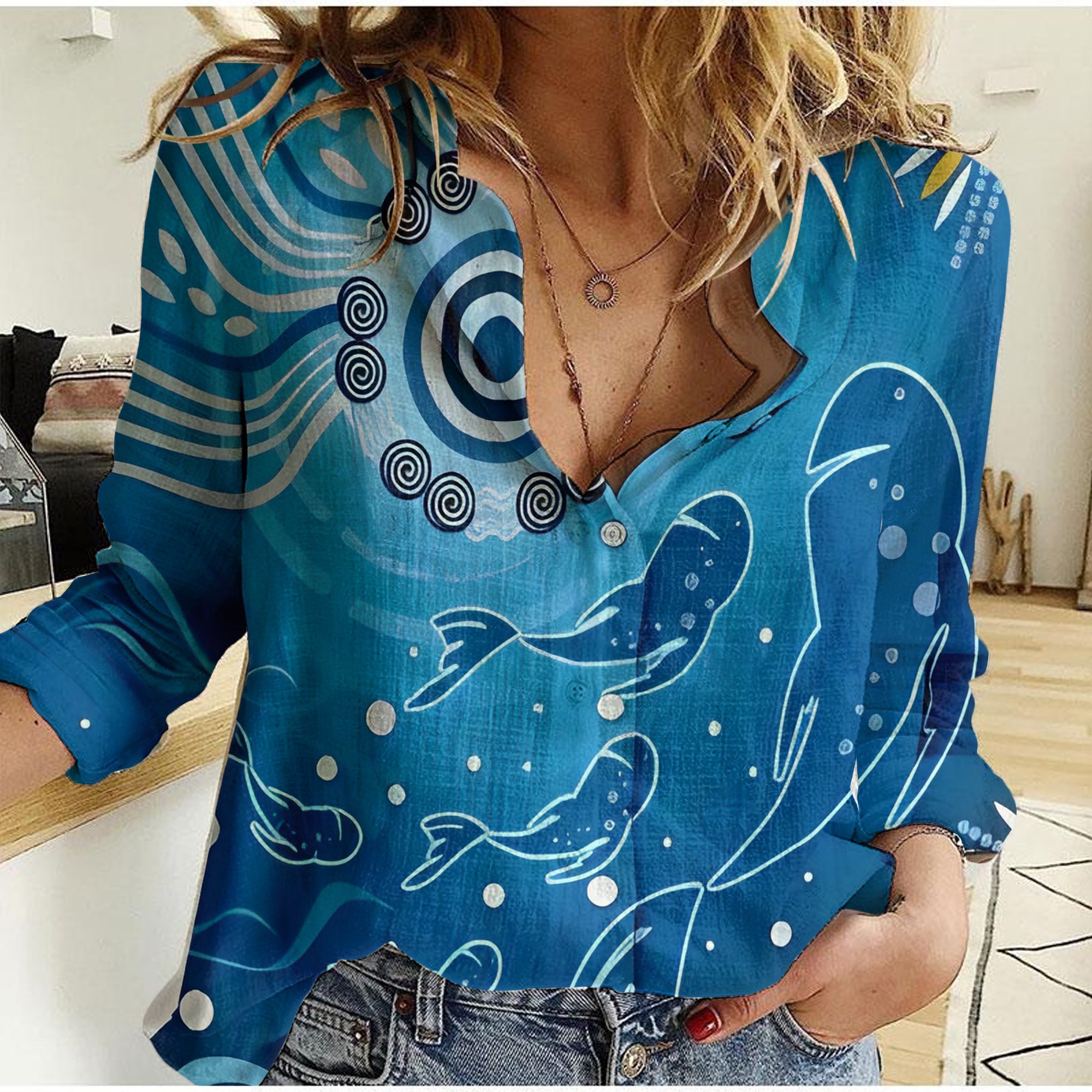 Australia Indigenous Women Casual Shirt Blue Sea RLT14