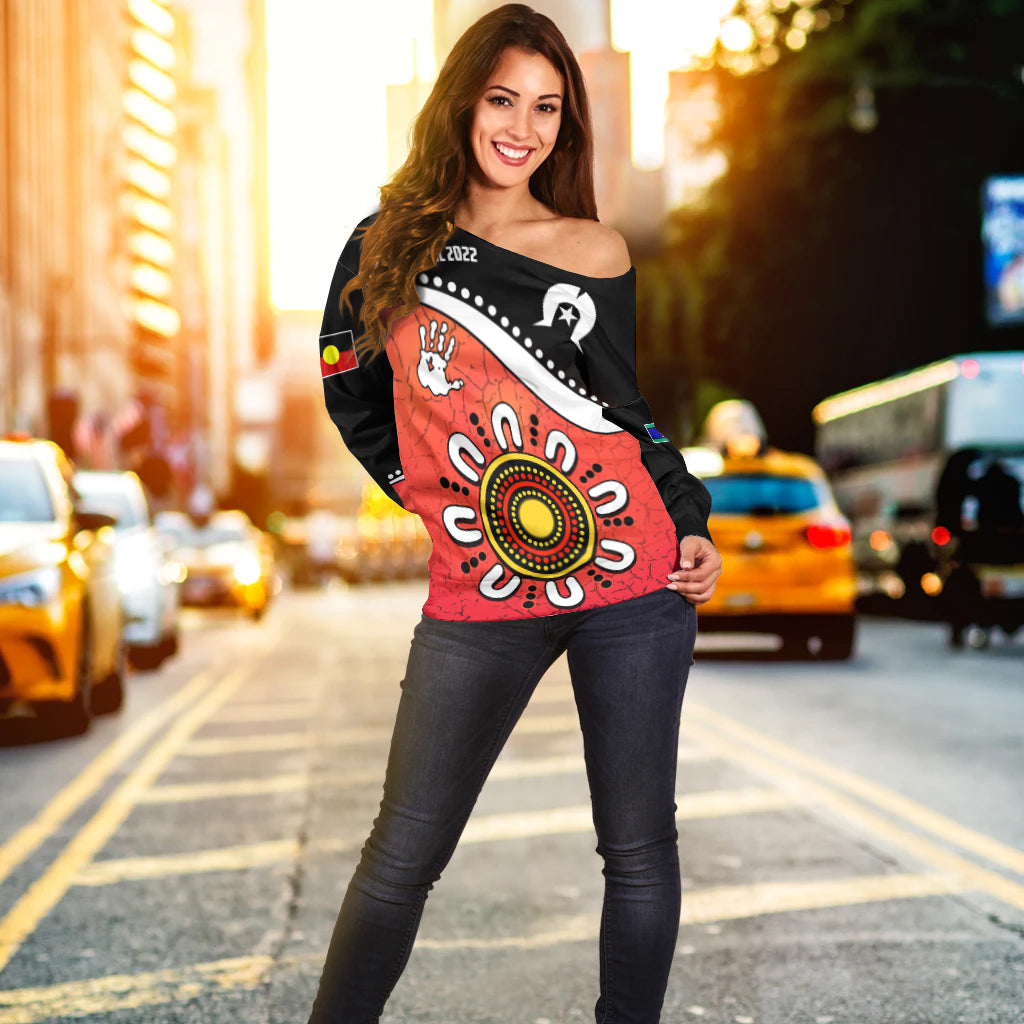 NAIDOC Week 2022 Women Off Shoulder Sweater Torres Strait Islander Version Red Aboriginal The Dhari LT13
