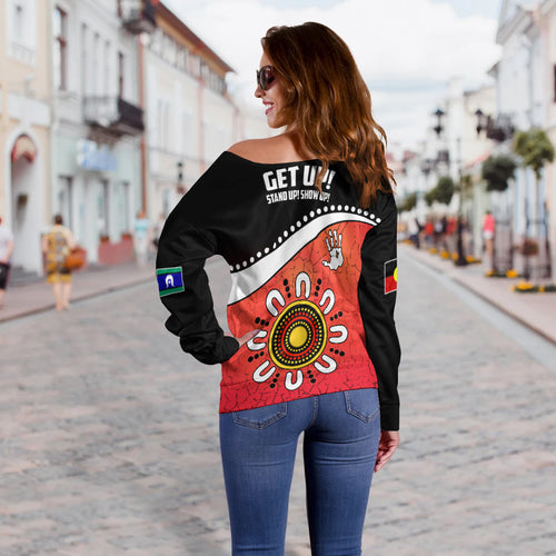 NAIDOC Week 2022 Women Off Shoulder Sweater Torres Strait Islander Version Red Aboriginal The Dhari LT13