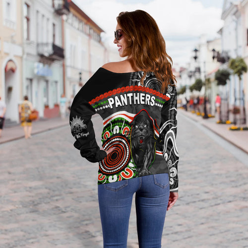 Panthers Anzac Day Women Off Shoulder Sweater Aboriginal Lest We Forget Ver.01 LT13