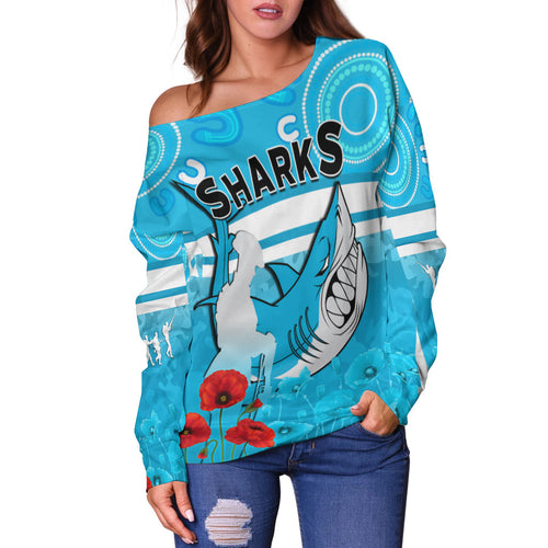 (Custom Personalised) Sharks Anzac 2022 Women Off Shoulder Sweater Cronulla-Sutherland Lest We Forget LT13
