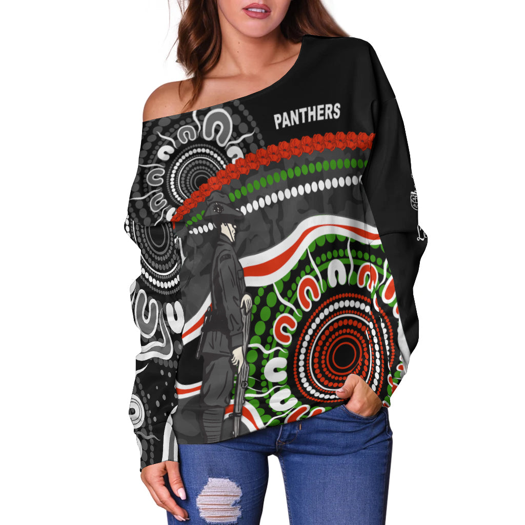 Panthers Anzac Day Women Off Shoulder Sweater Aboriginal Lest We Forget Ver.01 LT13