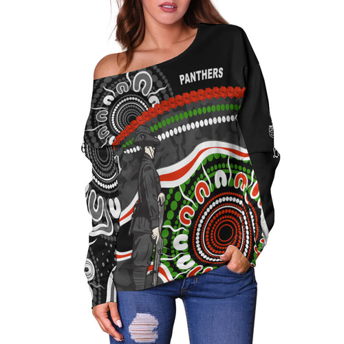 Panthers Anzac Day Women Off Shoulder Sweater Aboriginal Lest We Forget Ver.01 LT13