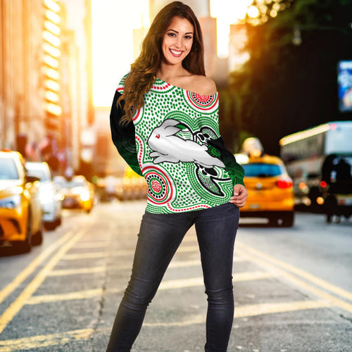 Rabbitohs Indigenous Off Shoulder Sweater Simple White - Vibe Hoodie