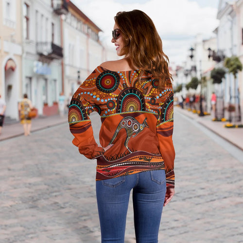 Aboriginal Off Shoulder Sweater - Kangaroo With Dot Painting - Vibe Hoodie