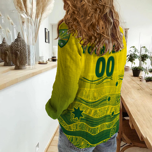 (Custom Personalised) Australian Cricket - National Color Aboriginal Art Women Casual Shirt - LT12