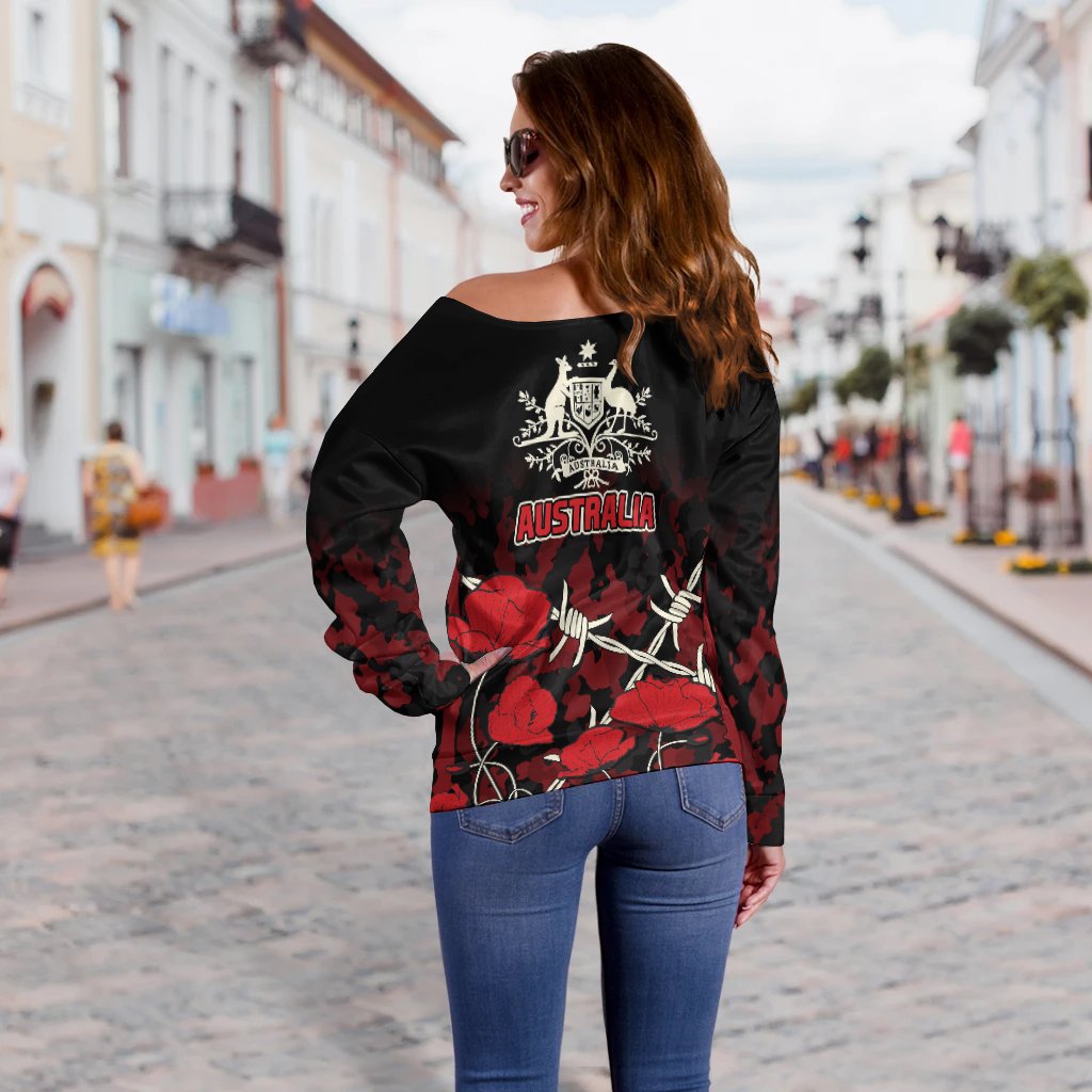 Anzac Off Shoulder Sweater - Anzac with Remembrance Poppy Flower - Vibe Hoodie