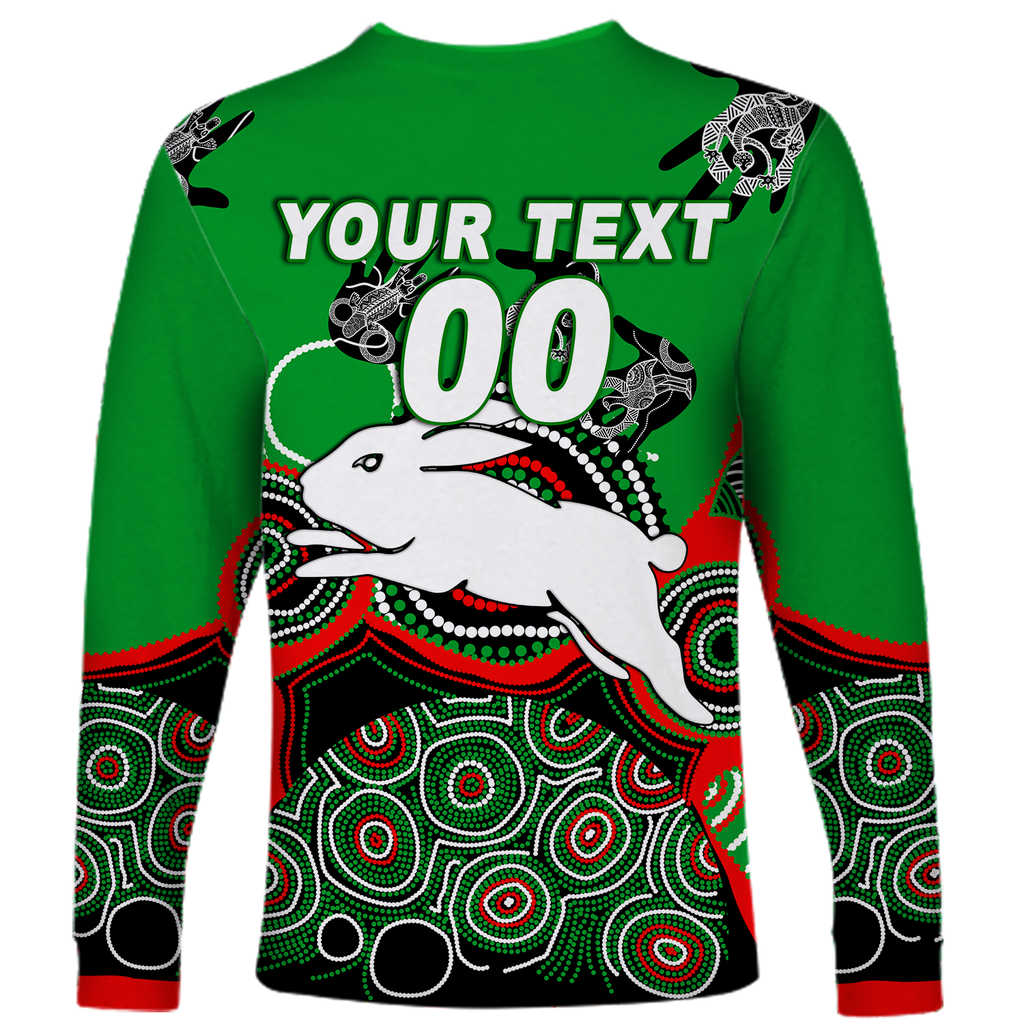 (Custom Personalised) Rabbitohs Rugby Aboriginal Art Long Sleeve Shirt - LT12