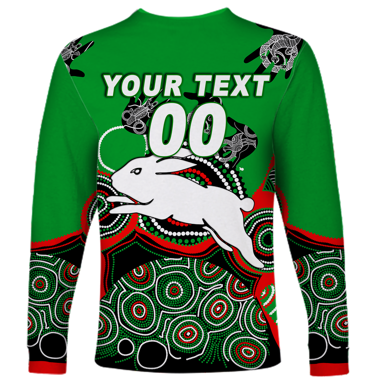 (Custom Personalised) Rabbitohs Rugby Aboriginal Art Long Sleeve Shirt - LT12