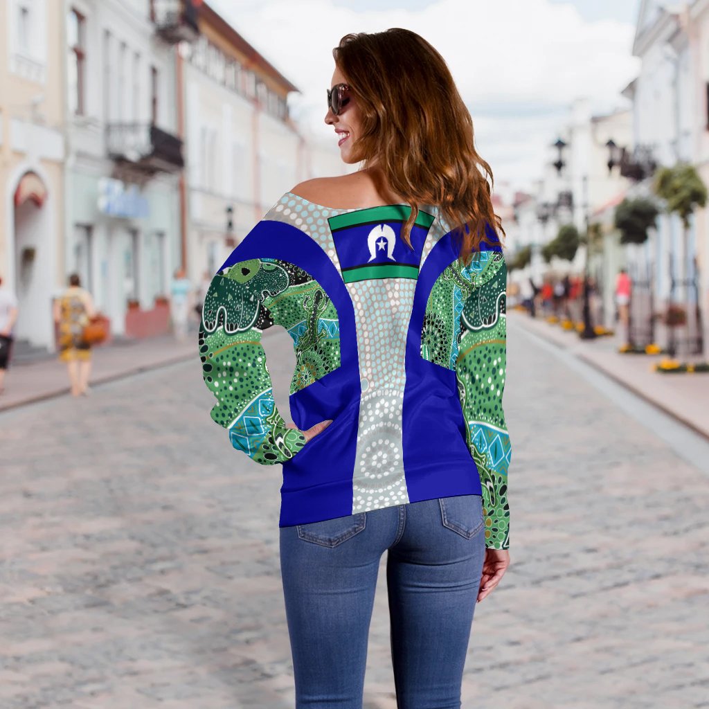 Off Shoulder Sweater - Flag of Torres Strait Islander - Vibe Hoodie