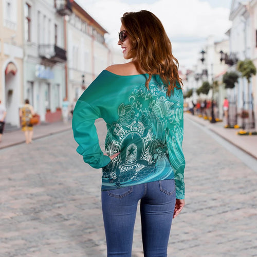 [Custom]Aboriginal Women's Off Shoulder Sweater, Torres Strait Islands in Wave - Vibe Hoodie
