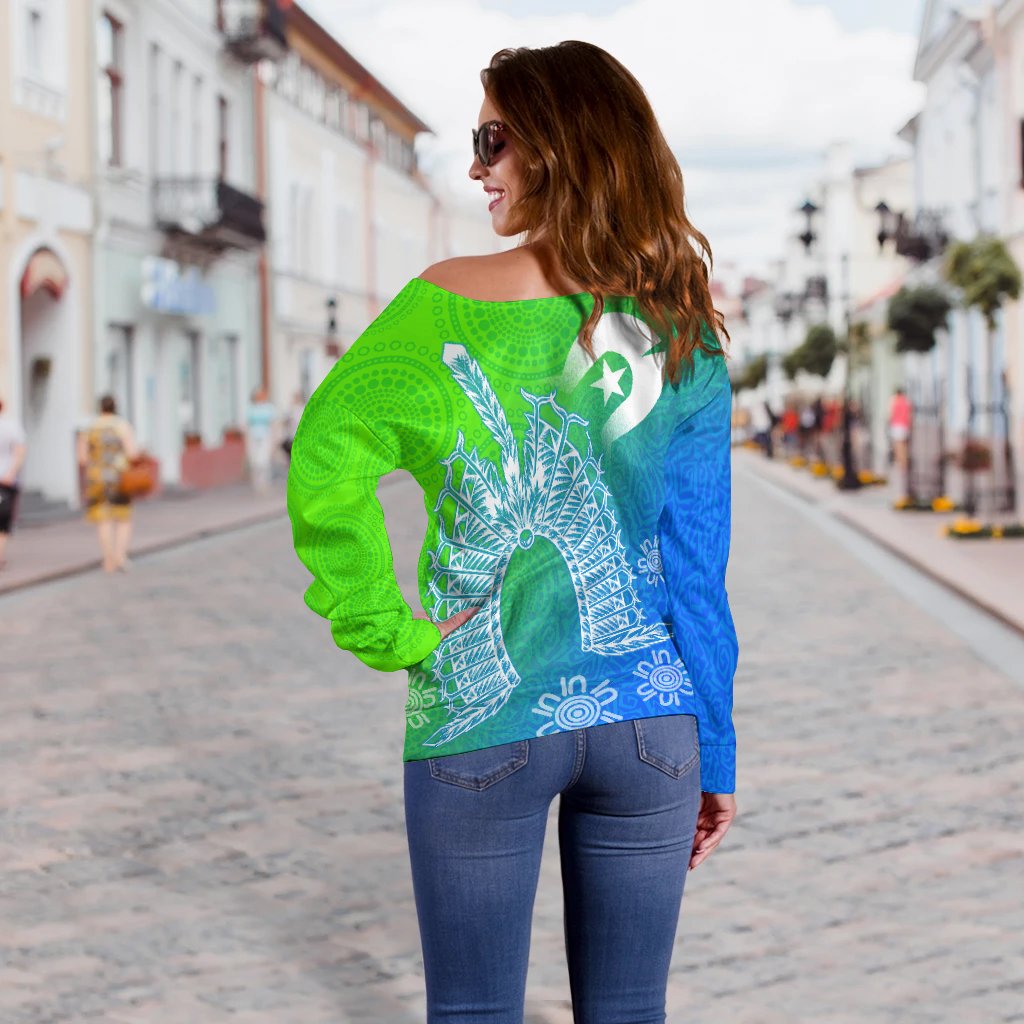 Torres Strait Islander Women's Off Shoulder Sweater - Dhari Mask Ocean Style - Vibe Hoodie