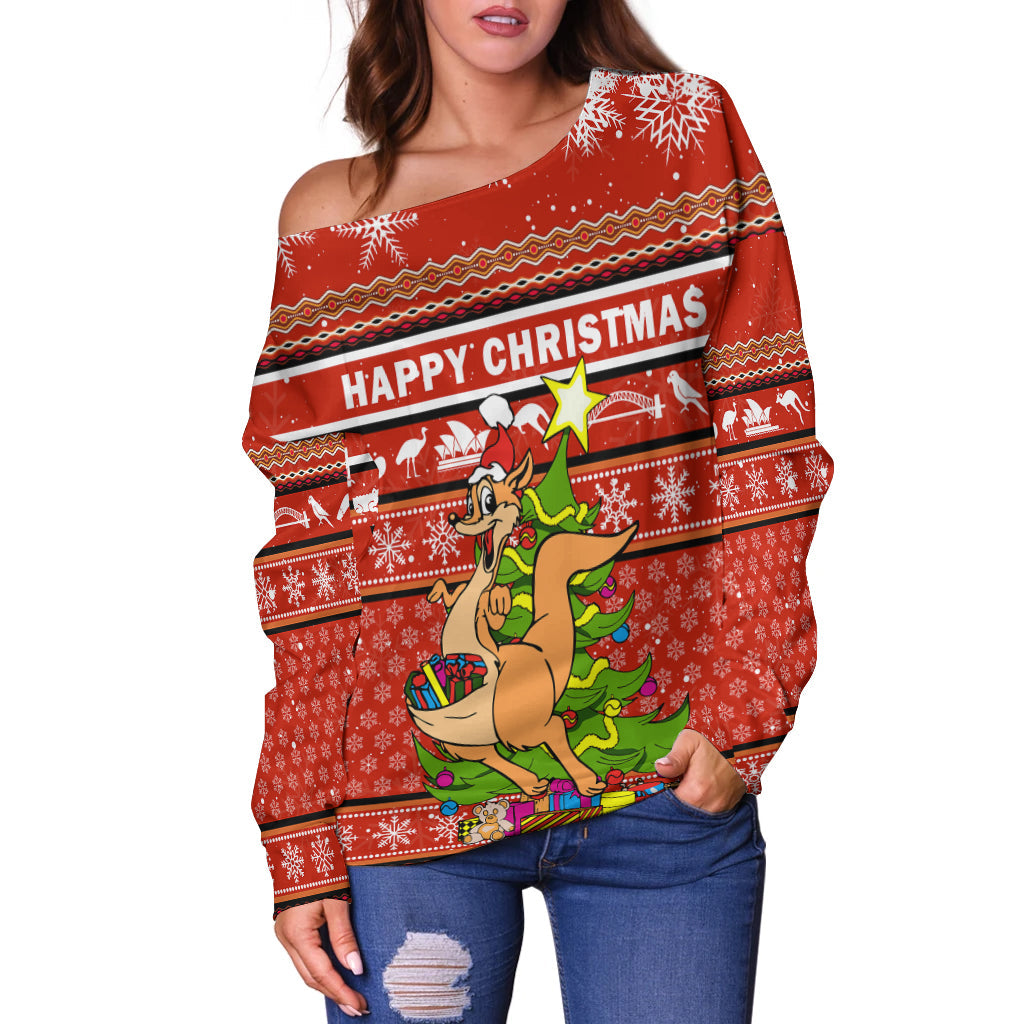 (Custom Personalised) Australia Christmas Kangaroo Aboriginal Pattern Women Off Shoulder Sweater - LT2