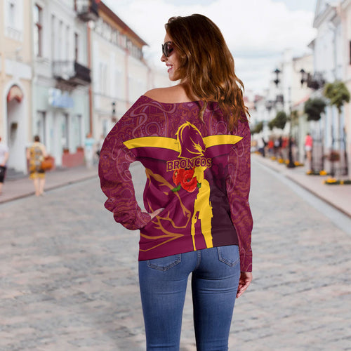 Brisbane Broncos Anzac Day Women Off Shoulder Sweater - Indigenous Art