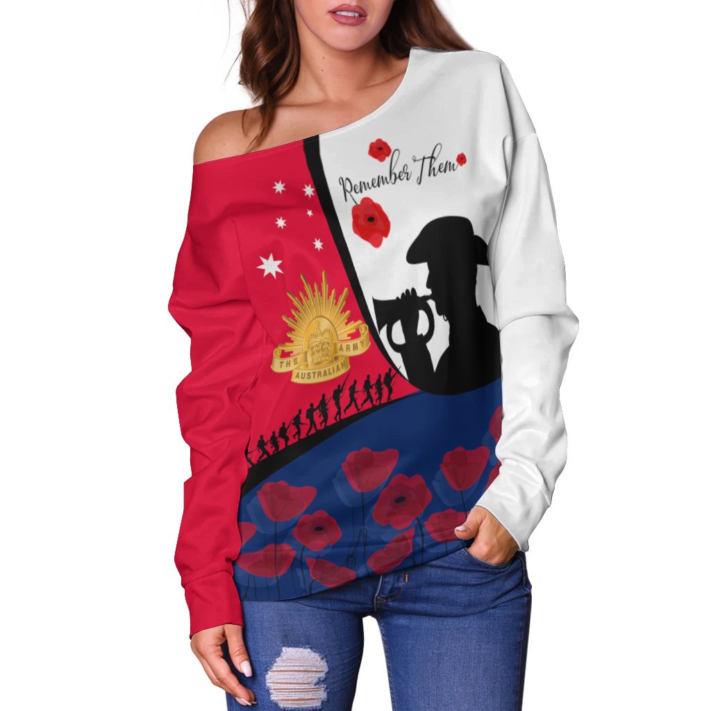 Anzac Day Women's Off Shoulder Sweater - We will remember Them - Vibe Hoodie