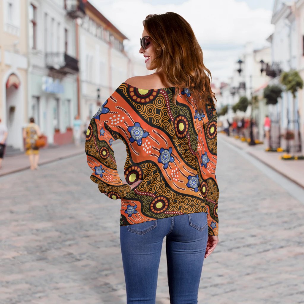 Off Shoulder Sweater - Aboriginal Dot Unique Style Turtle - Vibe Hoodie