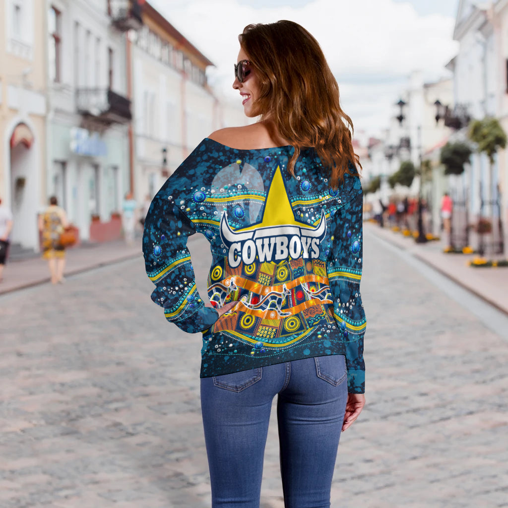 NAIDOC Week Cowboys Women's Off Shoulder Sweater - Aboriginal Dot Painting - LT12 - Vibe Hoodie
