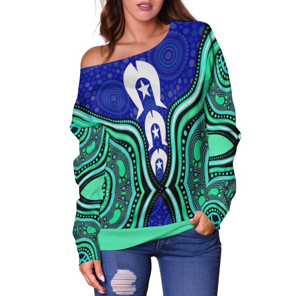 Torres Strait Women's Off Shoulder Sweater - Torres Strait Symbol And Aboriginal Patterns - Vibe Hoodie
