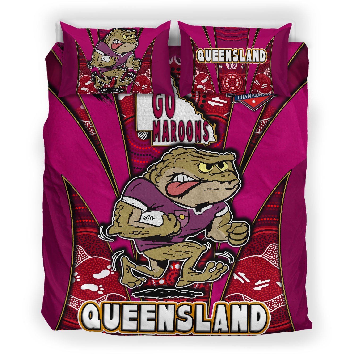 queensland-rugby-league-team-bedding-set-queensland-maroons-mascot-with-aboriginal-art-state-of-origin-bedding-set