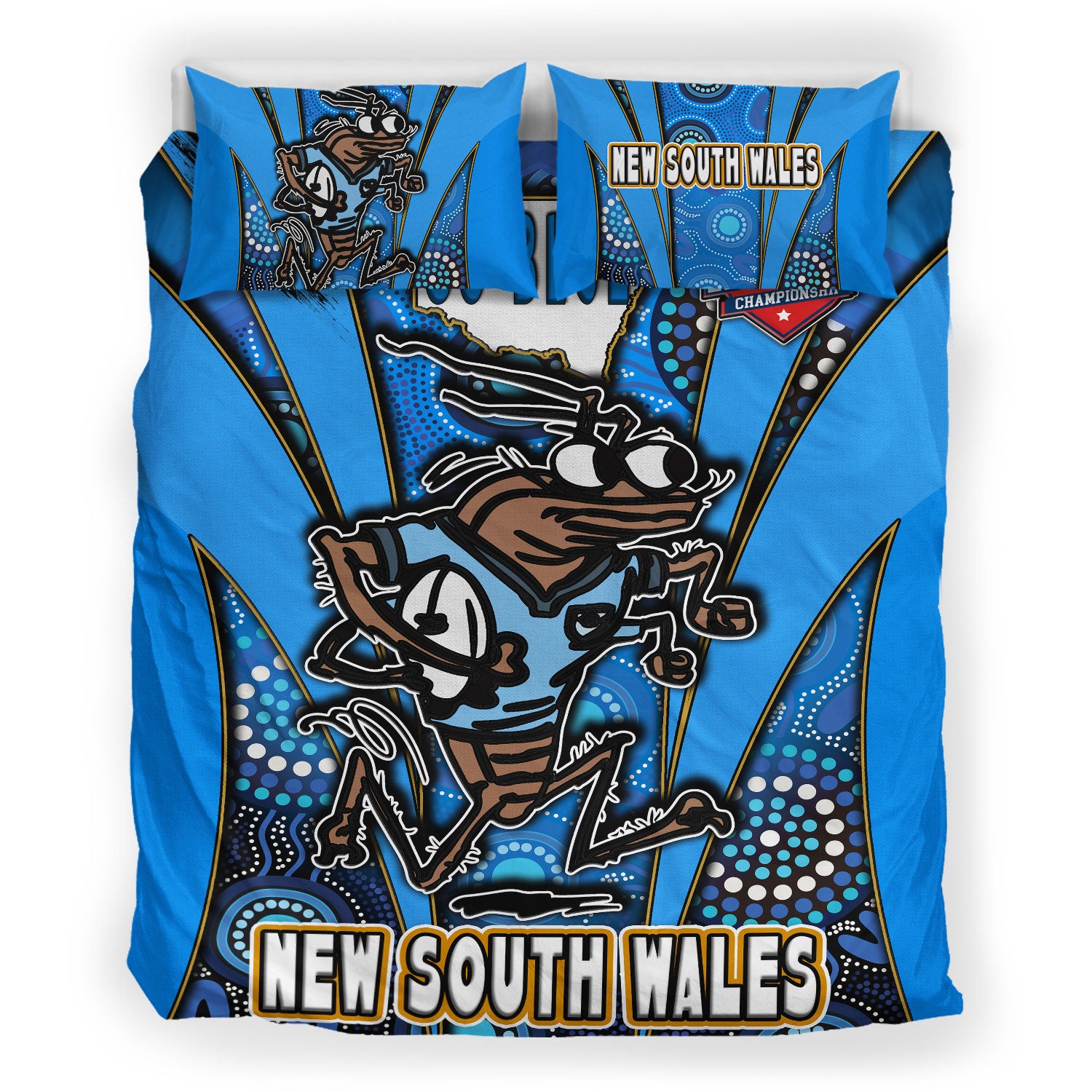 new-south-wales-rugby-league-team-bedding-set-new-south-wales-blues-mascot-with-aboriginal-art-state-of-origin-bedding-set