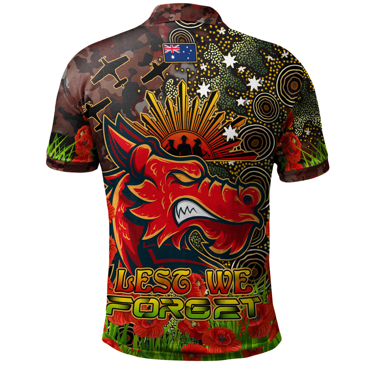 stgeorge-rugby-polo-shirt-custom-anzac-dragons-with-remembrance-poppy-and-indigenous-patterns-polo-shirt