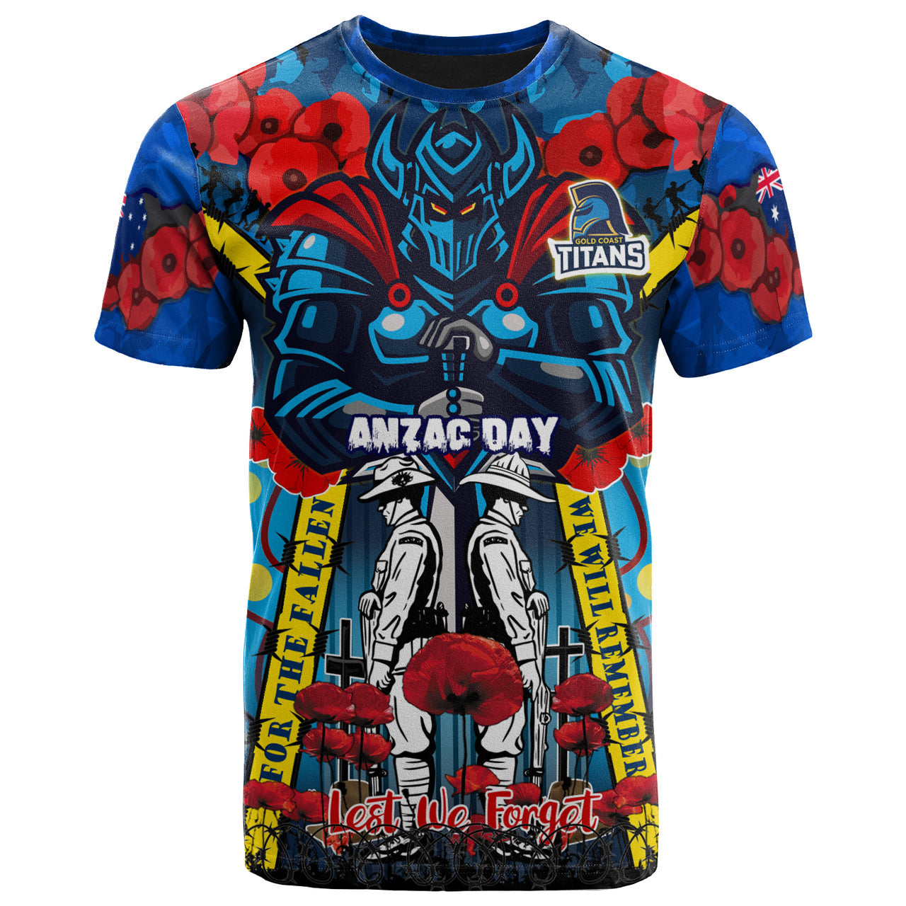 titans-aboriginal-rugby-anzac-day-custom-watercolour-t-shirt-remembrance-indigenous-titans-with-poppy-flower