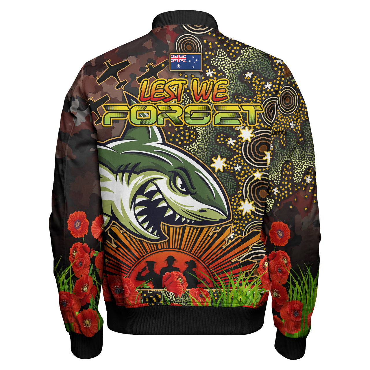 sharks-rugby-bomber-jacket-custom-anzac-sharks-with-remembrance-poppy-and-indigenous-patterns-bomber-jacket