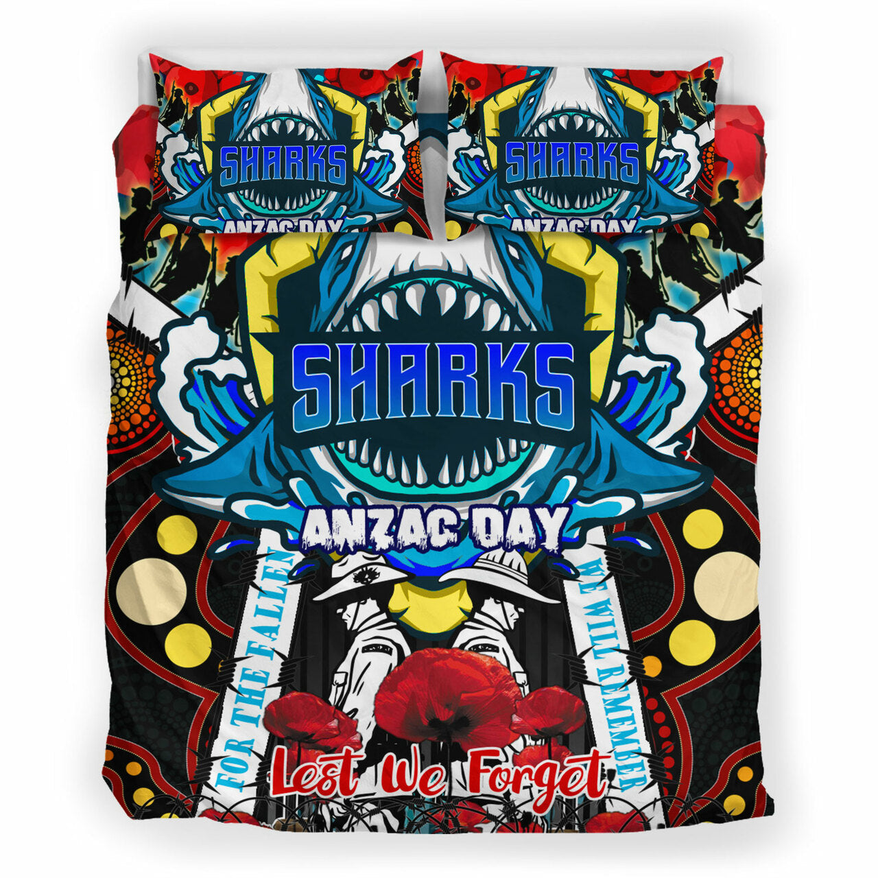 sharks-rugby-anzac-day-watercolour-custom-bedding-set-remembrance-cronulla-sutherland-sharks-with-poppy-flower