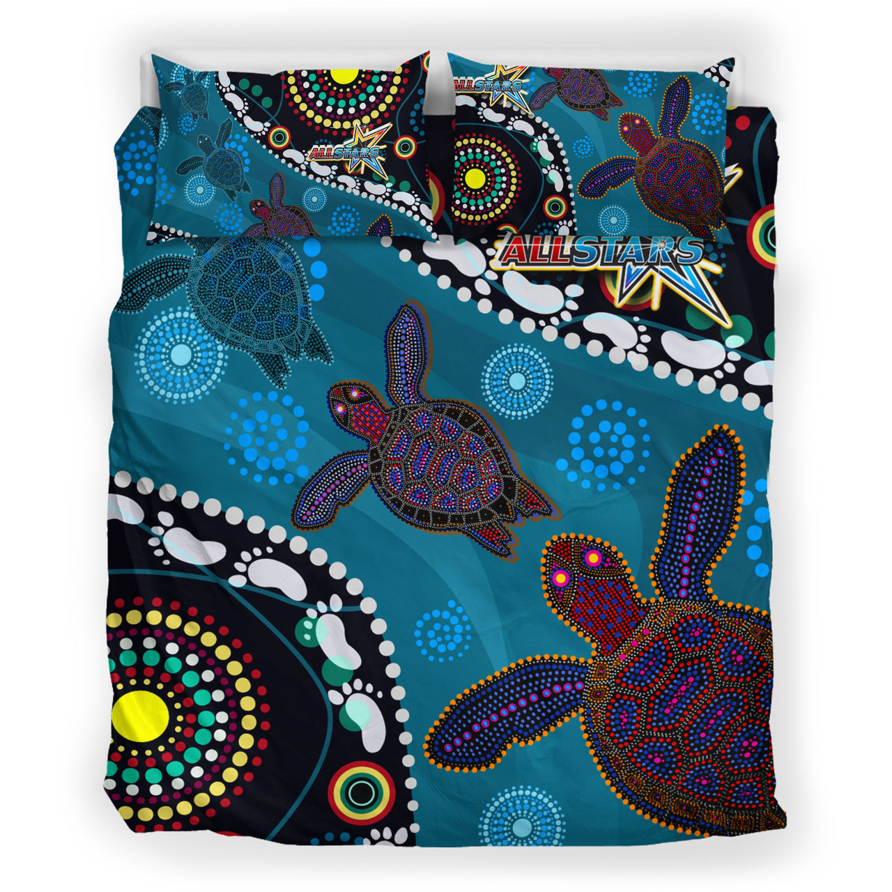 indigenous-all-stars-rugby-custom-bedding-set-dreamtime-turtle-with-aboriginal-and-torres-strait-islanders-flag