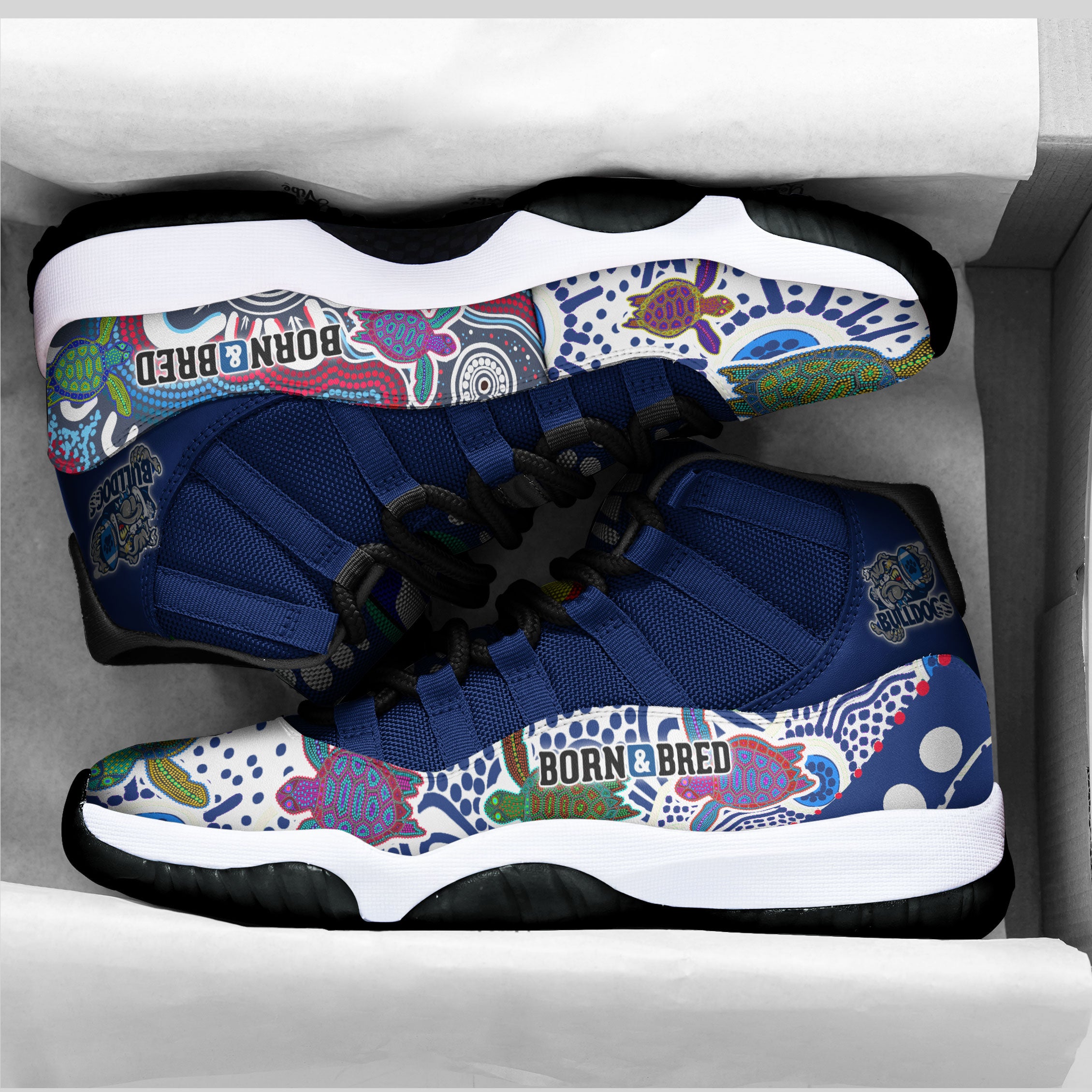 bulldogs-rugby-born-bred-high-top-basketball-shoes-j11-custom-indigenous-bulldogs-with-rugby-ball-and-aboriginal-patterns