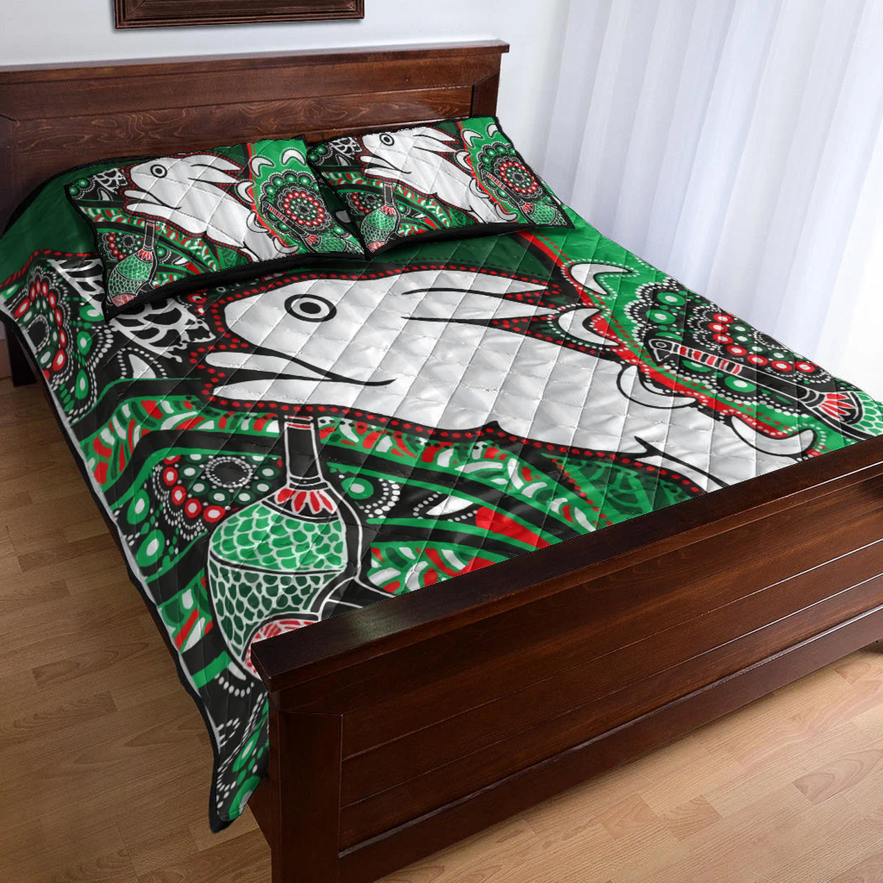 south-sydney-rabbitohs-rugby-custom-quilt-bed-set-indigenous-dreaming-rabbitohs