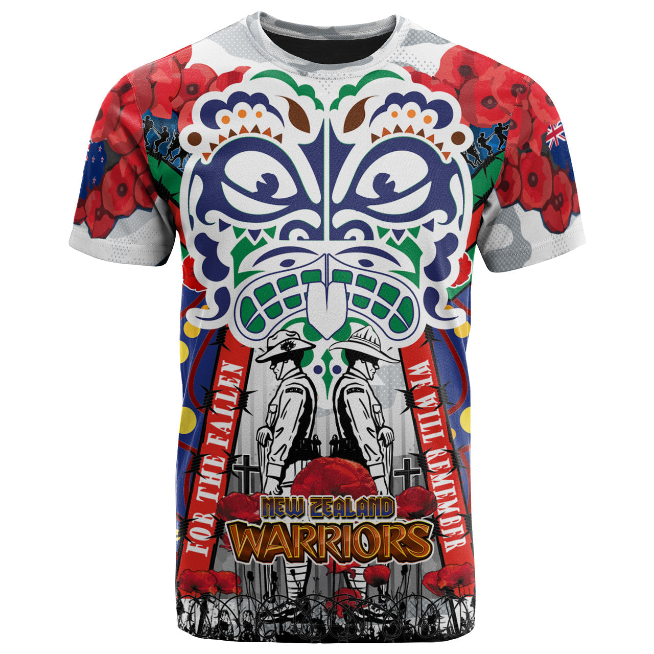 warriors-rugby-anzac-poppy-watercolor-custom-t-shirt-remembrance-new-zealand-warriors-with-maori-tino-rangatiratanga-flag