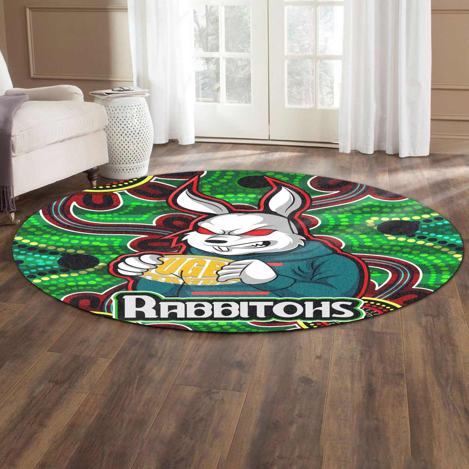 rabbitohs-rugby-round-rug-rabbitohs-with-rugby-ball-aboriginal-style-of-dot-painting-patterns-custom-round-rug