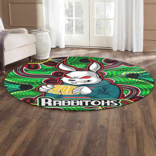 rabbitohs-rugby-round-rug-rabbitohs-with-rugby-ball-aboriginal-style-of-dot-painting-patterns-custom-round-rug