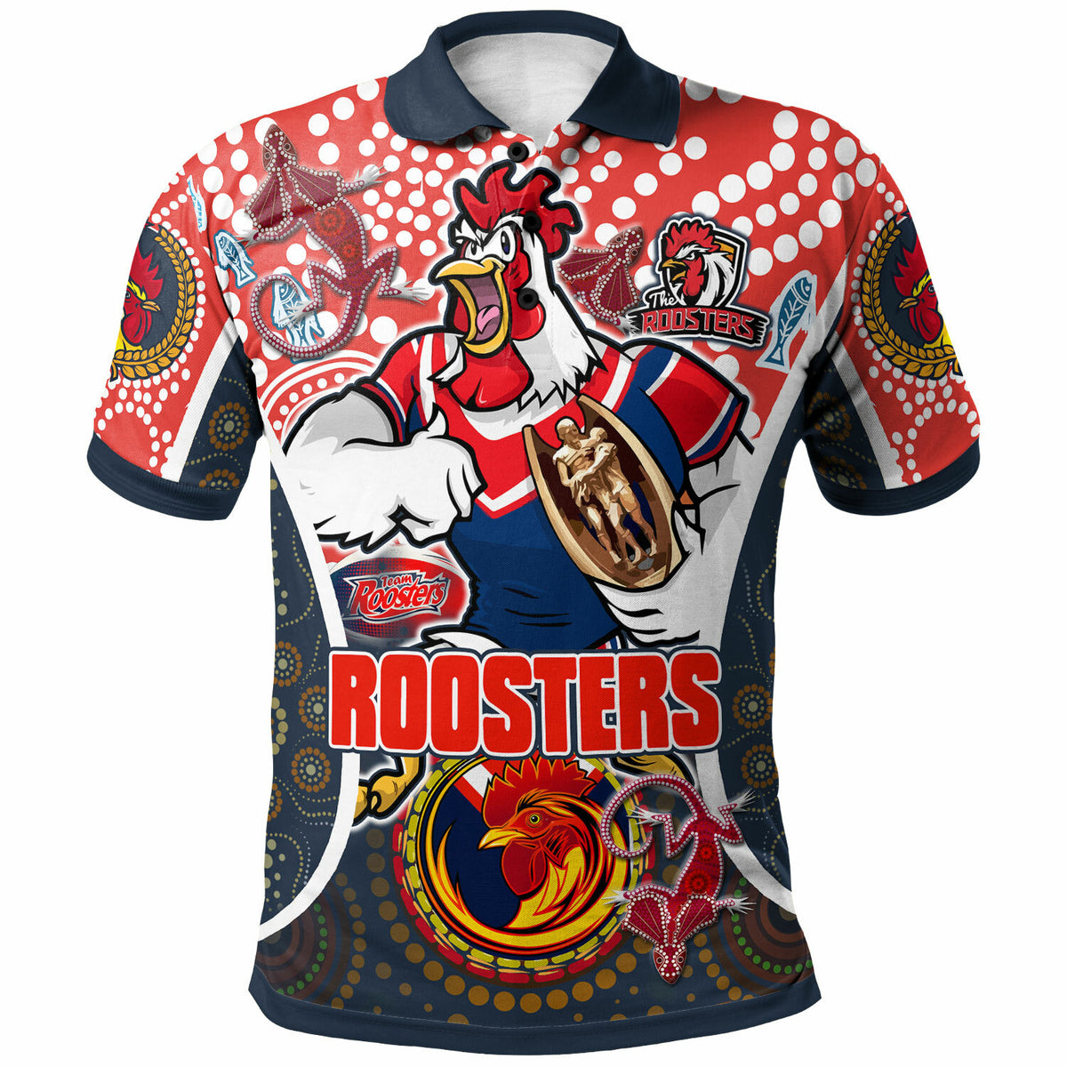 roosters-rugby-polo-shirt-custom-sydney-roosters-champion-mascot-with-aboriginal-art-personalised-player-and-number-polo-shirt