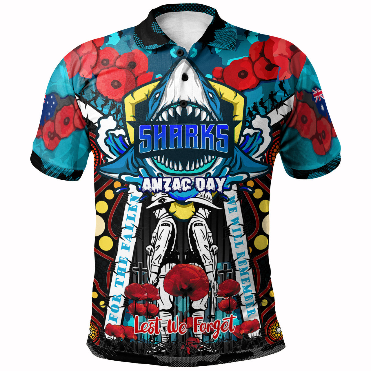 sharks-rugby-anzac-day-watercolour-custom-polo-shirt-remembrance-cronulla-sutherland-sharks-with-poppy-flower