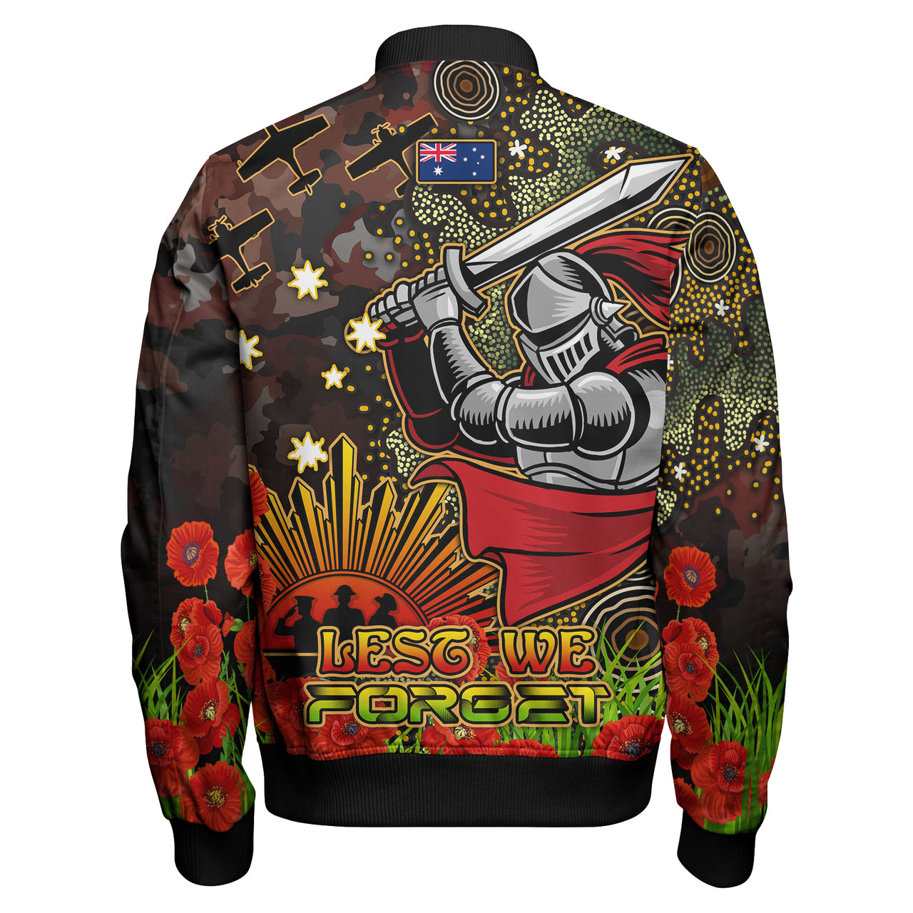 knights-rugby-bomber-jacket-custom-anzac-kinghts-with-remembrance-poppy-and-indigenous-patterns-bomber-jacket