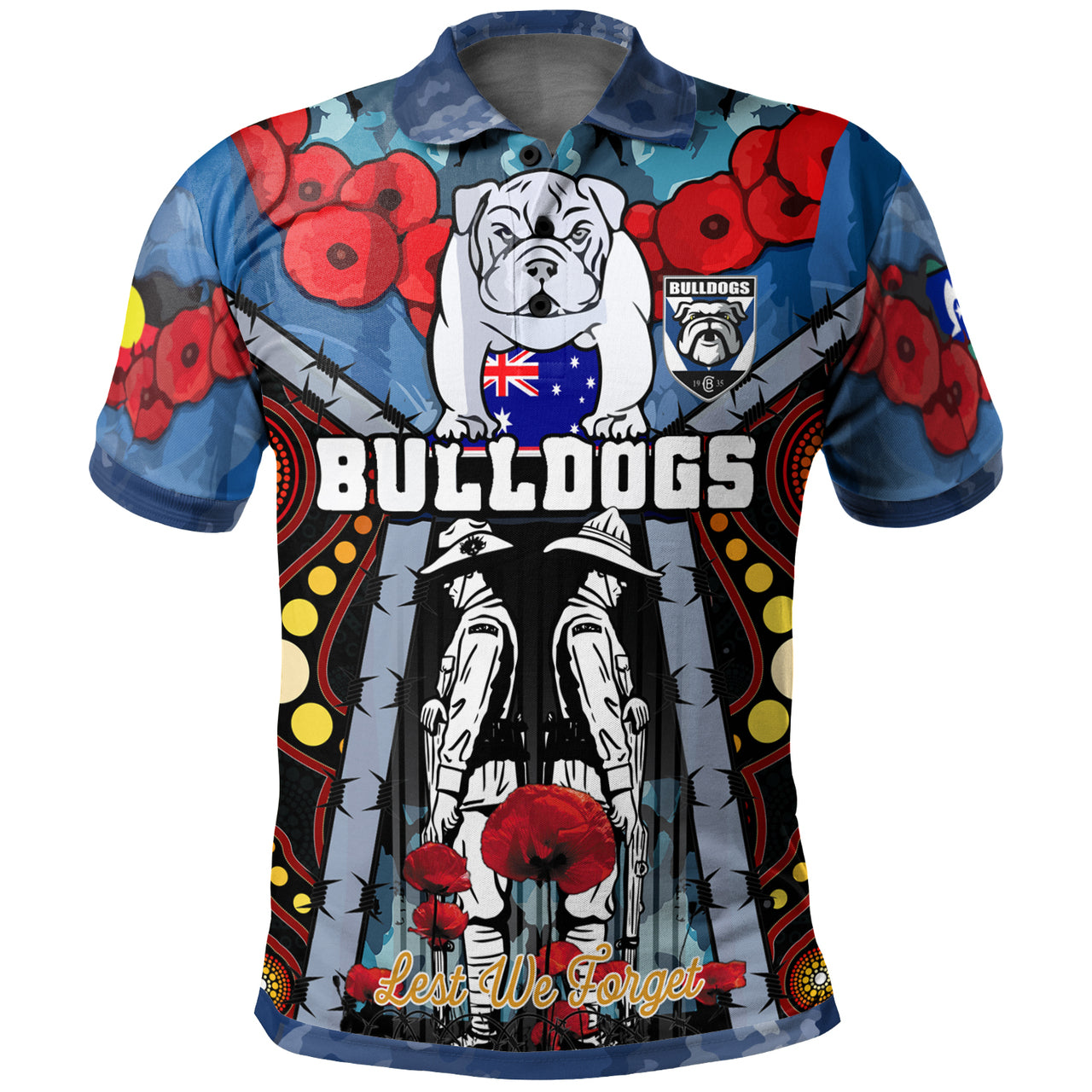 bulldogs-aboriginal-rugby-anzac-day-custom-polo-shirt-remembrance-indigenous-bulldogs-with-poppy-flower-watercolour-style
