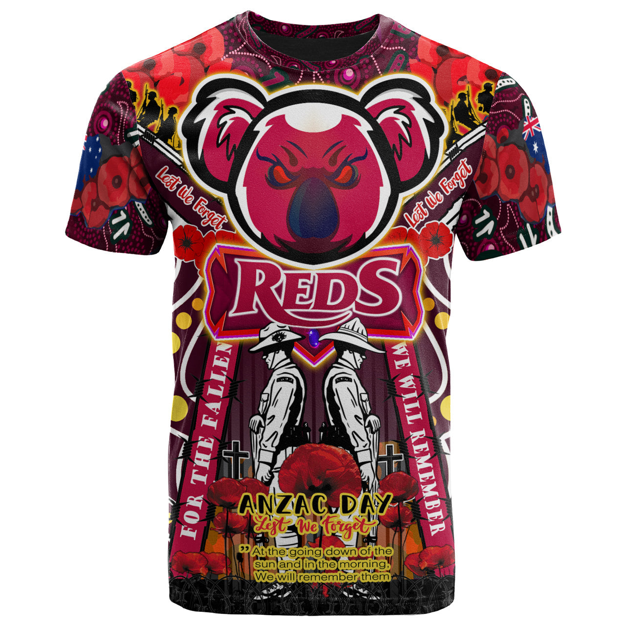 reds-rugby-anzac-aboriginal-custom-watercolour-t-shirt-remembrance-queensland-reds-with-koala-and-poppy-flower