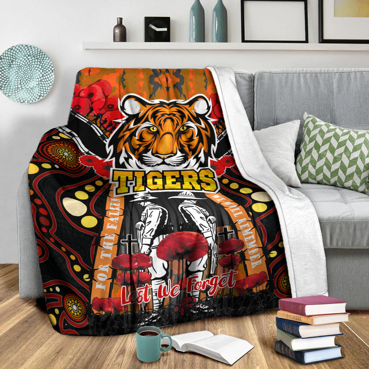 tigers-rugby-anzac-day-watercolour-blanket-custom-remembrance-west-tigers-with-poppy-flower