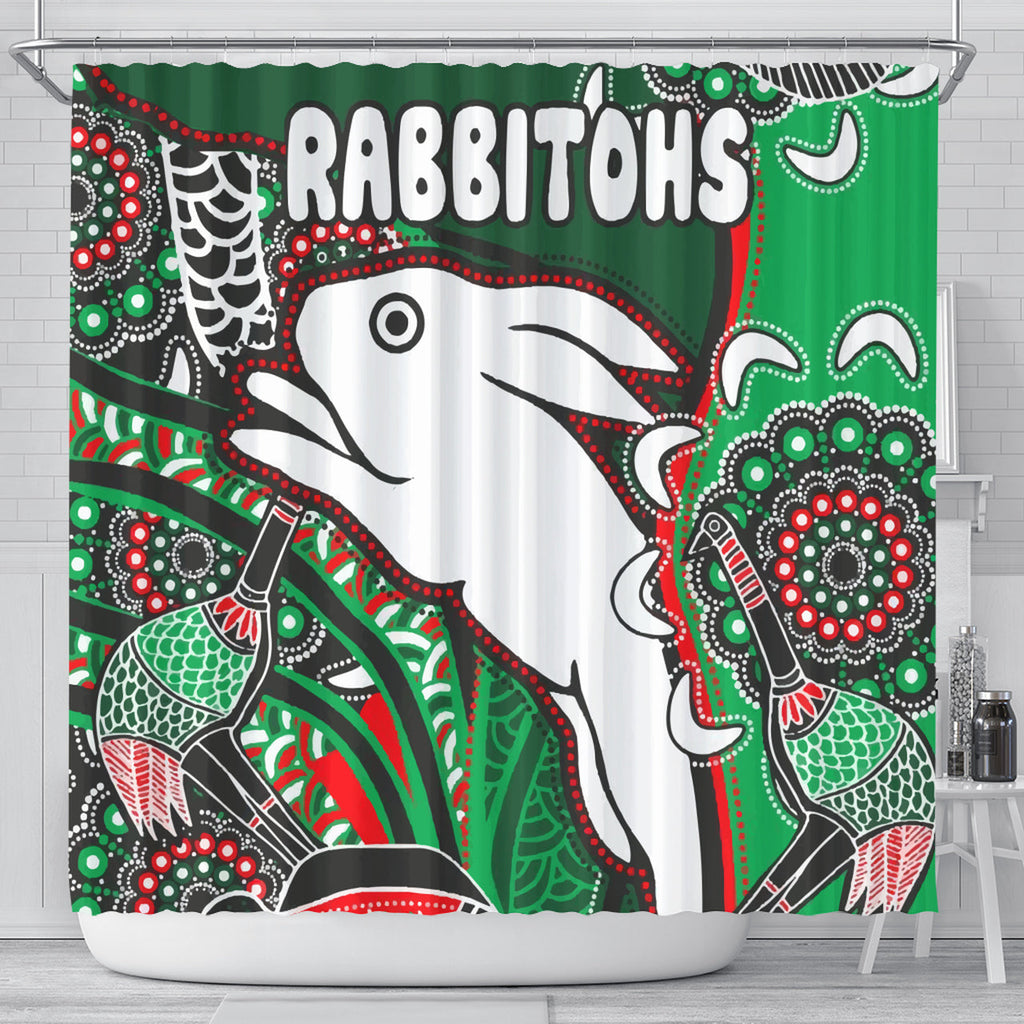 south-sydney-rabbitohs-rugby-custom-shower-curtain-indigenous-dreaming-rabbitohs