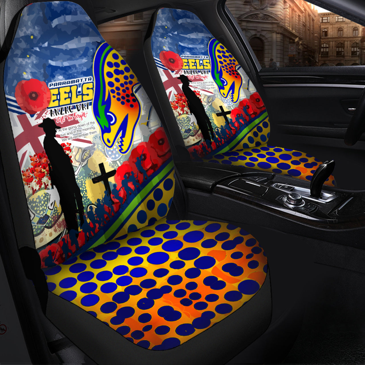 eels-rugby-australia-anzac-day-lest-we-forget-custom-car-seat-cover-remembrance-eels-with-anzac-poppy-watercolour-style