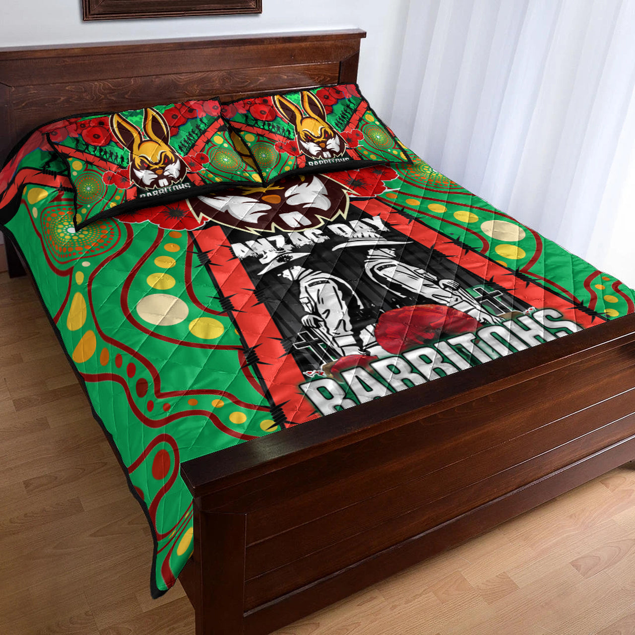 rabbitohs-rugby-aboriginal-anzac-day-custom-watercolour-quilt-bed-set-remembrance-indigenous-rabbitohs-with-poppy-flower