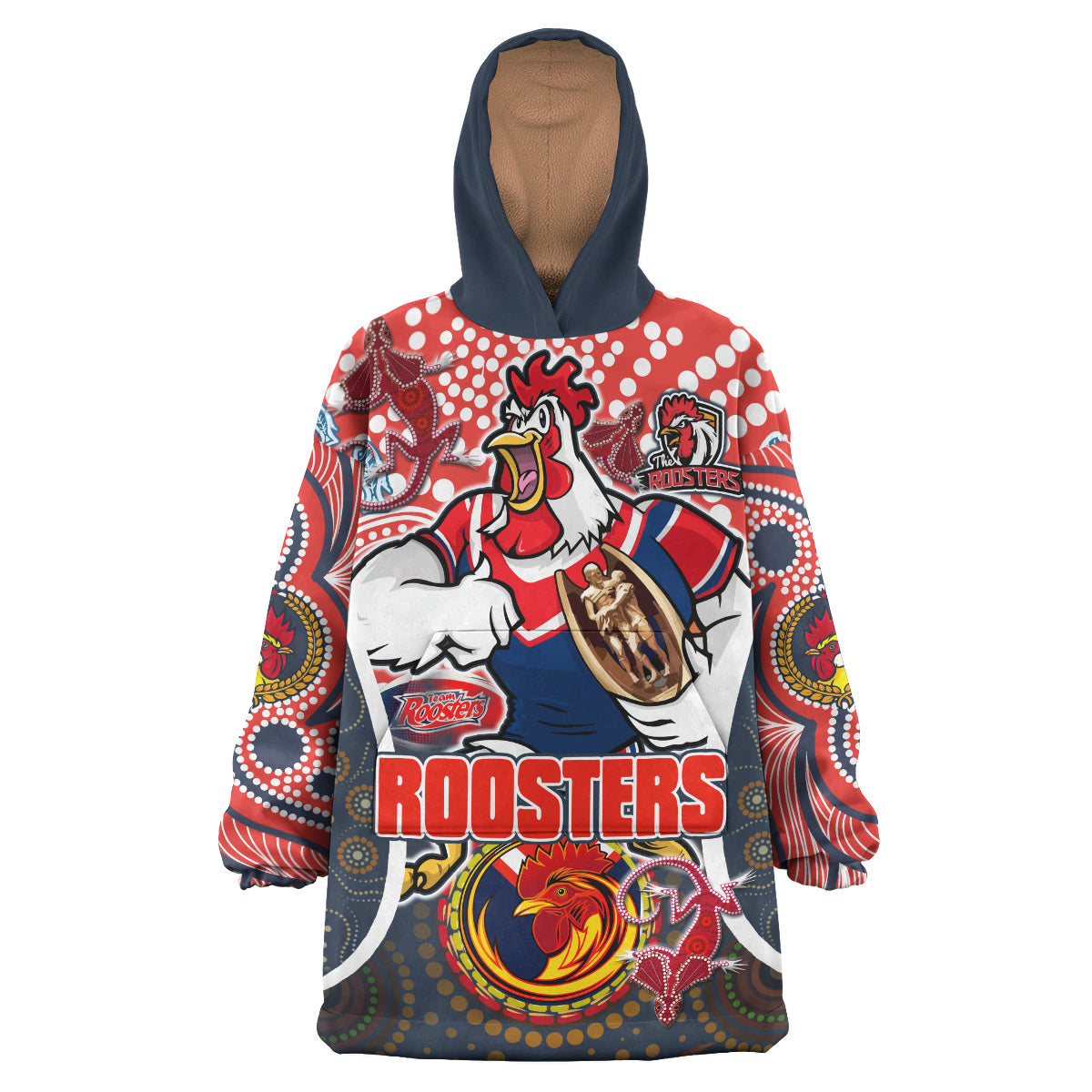 roosters-rugby-snug-hoodie-custom-sydney-roosters-champion-mascot-with-aboriginal-art-personalised-player-and-number-hoodie-oodie-blanket