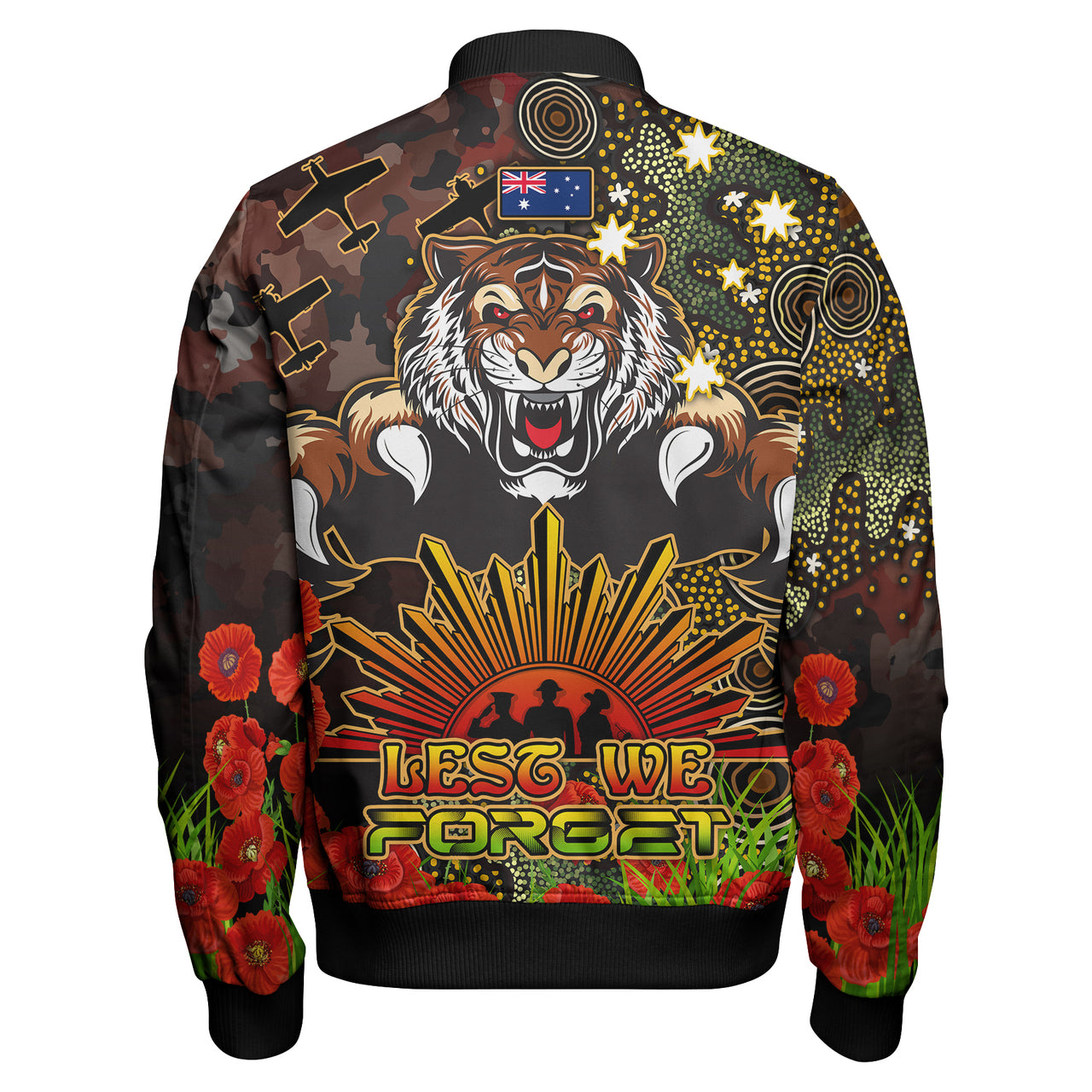 tigers-rugby-bomber-jacket-custom-anzac-tigers-with-remembrance-poppy-and-indigenous-patterns-bomber-jacket