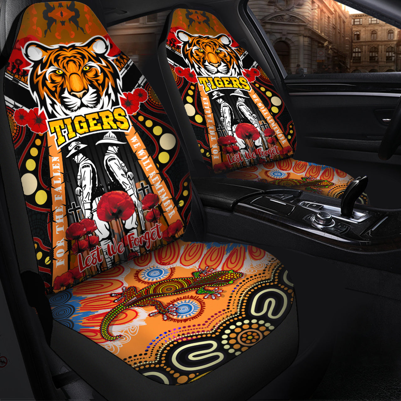 tigers-rugby-anzac-day-watercolour-car-seat-cover-custom-remembrance-west-tigers-with-poppy-flower