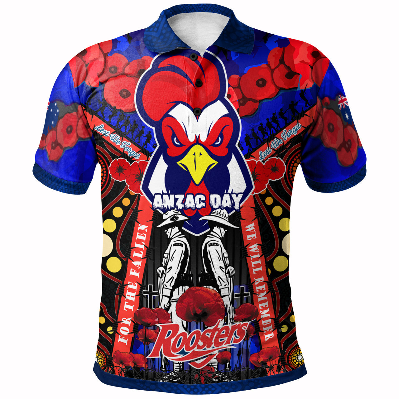 roosters-rugby-anzac-day-watercolour-polo-shirt-custom-remembrance-roosters-with-poppy-flower