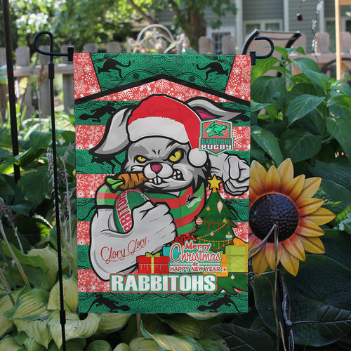 rabbitohs-christmas-rugby-custom-flag-merry-christmas-super-rabbitohs-with-rugby-ball-and-aboriginal-patterns-flag